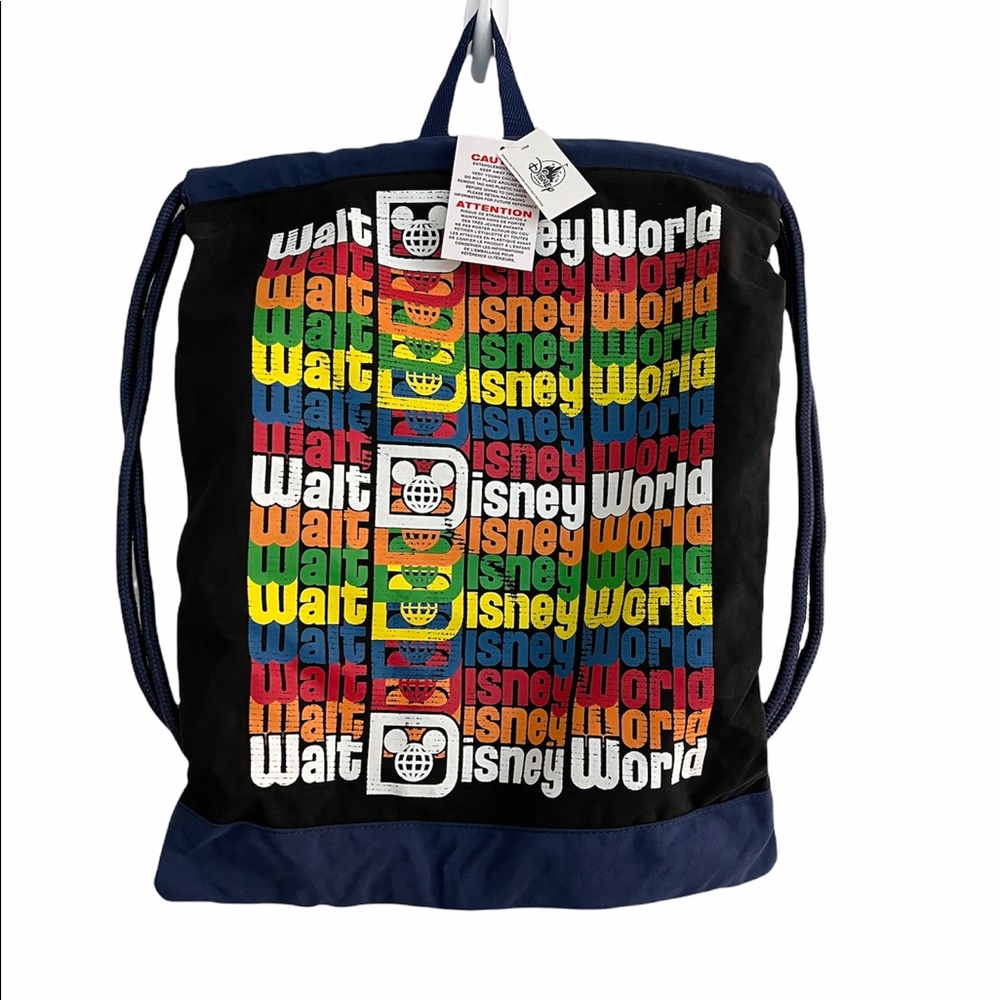 Disney Parks Disney World Logo Backpack Cinch Sack Bag Retro Rainbow NWT